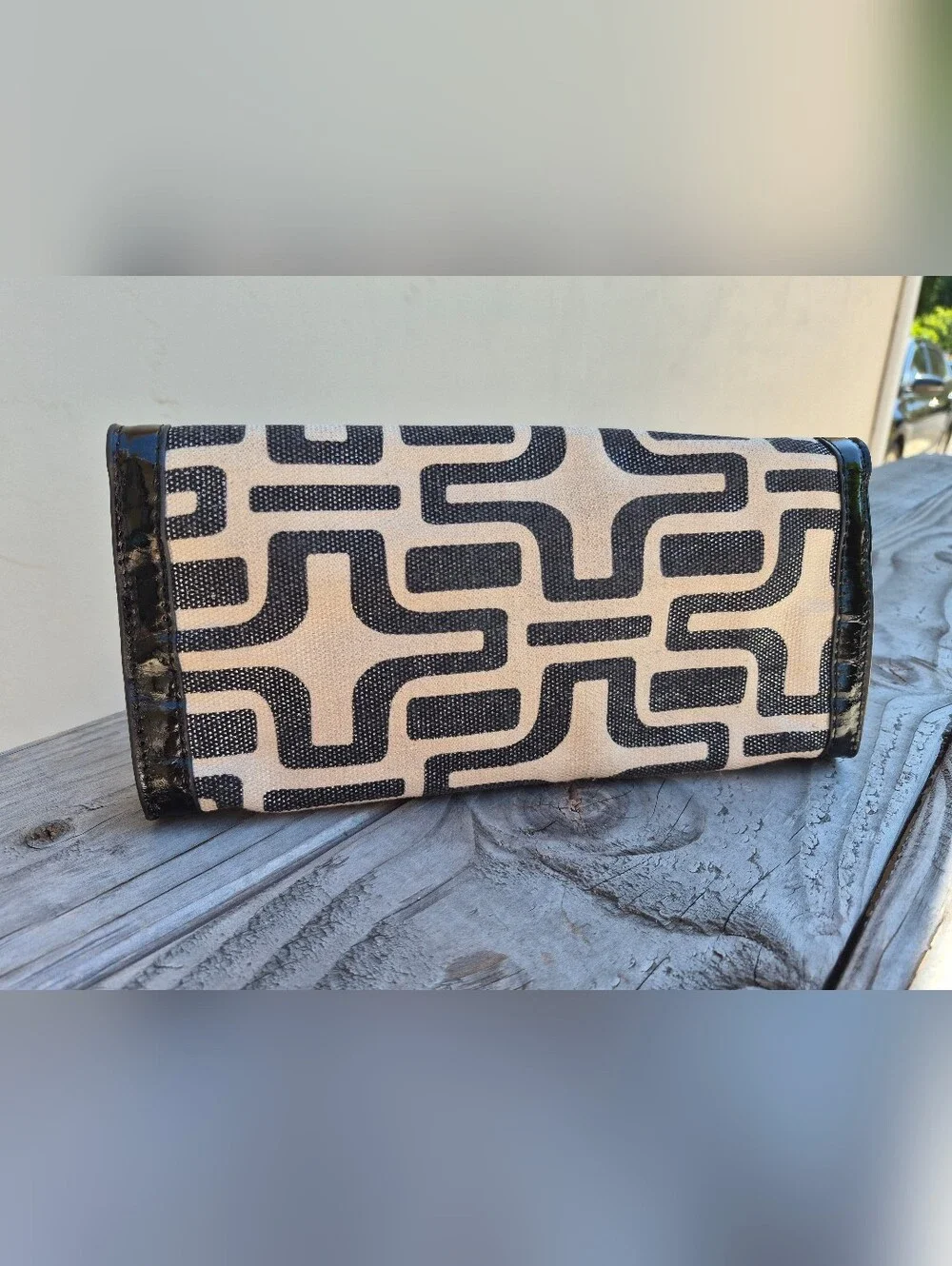 Sondra Roberts Black and Cream Geometric Canvas Clutch with Bamboo Accent